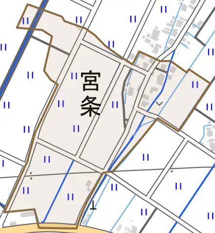 宮条とその周辺の地図。町の範囲を重ねている