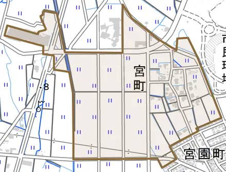 宮町とその周辺の地図。町の範囲を重ねている