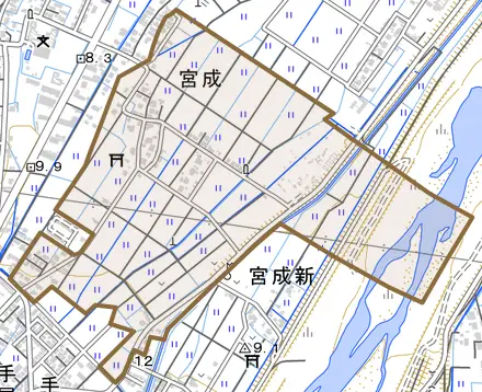 宮成とその周辺の地図。町の範囲を重ねている