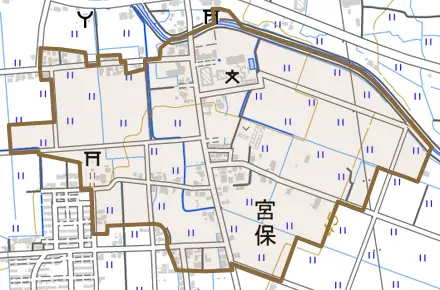 宮保とその周辺の地図。町の範囲を重ねている