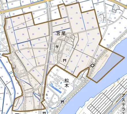 宮尾とその周辺の地図。町の範囲を重ねている