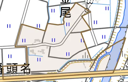 水橋番頭名とその周辺の地図。町の範囲を重ねている