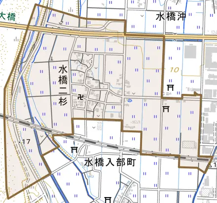 水橋二杉とその周辺の地図。町の範囲を重ねている