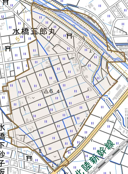 水橋五郎丸とその周辺の地図。町の範囲を重ねている
