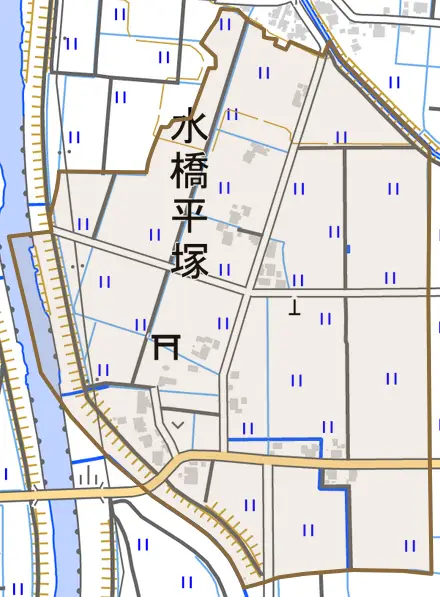 水橋平塚とその周辺の地図。町の範囲を重ねている