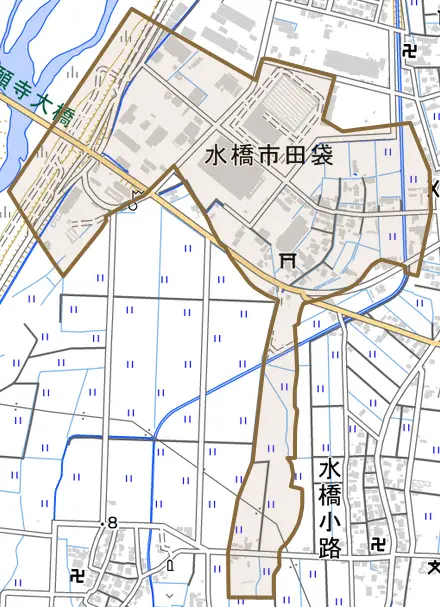 水橋市田袋とその周辺の地図。町の範囲を重ねている