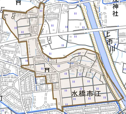 水橋市江とその周辺の地図。町の範囲を重ねている