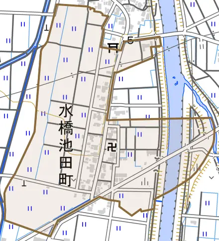 水橋池田町とその周辺の地図。町の範囲を重ねている