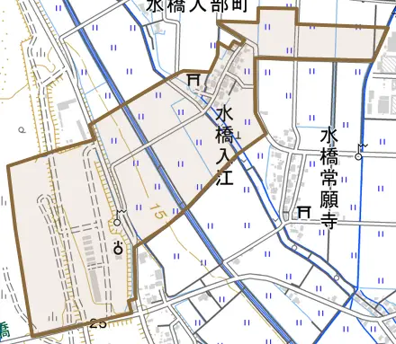 水橋入江とその周辺の地図。町の範囲を重ねている