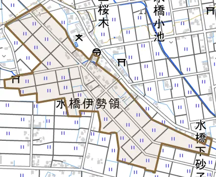 水橋伊勢領とその周辺の地図。町の範囲を重ねている
