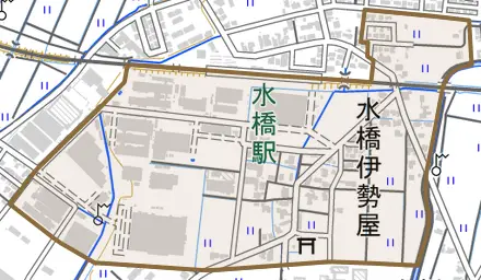 水橋伊勢屋とその周辺の地図。町の範囲を重ねている