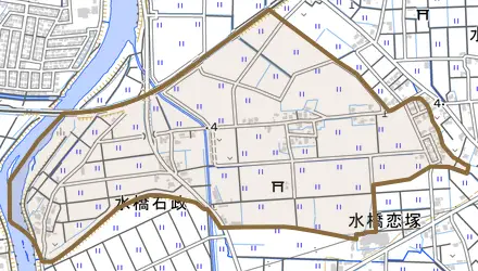 水橋石政とその周辺の地図。町の範囲を重ねている