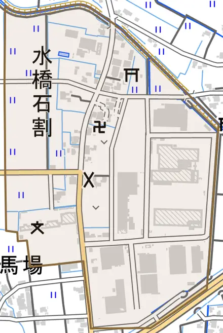 水橋石割とその周辺の地図。町の範囲を重ねている