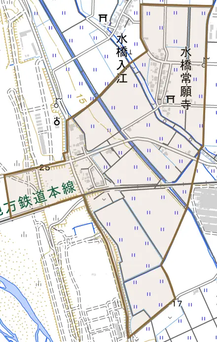 水橋常願寺とその周辺の地図。町の範囲を重ねている