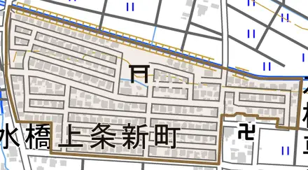 水橋上条新町とその周辺の地図。町の範囲を重ねている