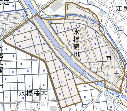 水橋鏡田とその周辺の地図。町の範囲を重ねている