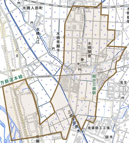 水橋開発とその周辺の地図。町の範囲を重ねている