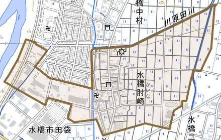 水橋肘崎とその周辺の地図。町の範囲を重ねている