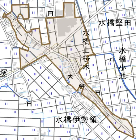 水橋上桜木とその周辺の地図。町の範囲を重ねている