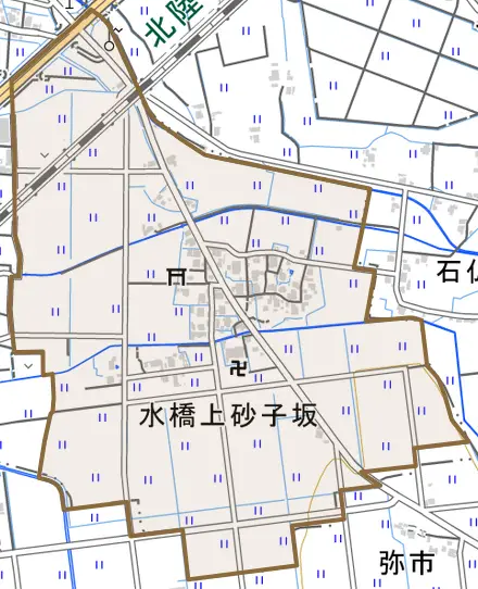 水橋上砂子坂とその周辺の地図。町の範囲を重ねている