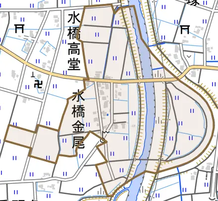 水橋金尾とその周辺の地図。町の範囲を重ねている