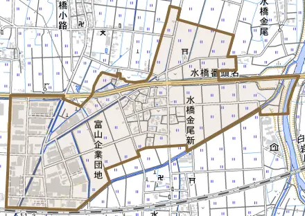 水橋金尾新とその周辺の地図。町の範囲を重ねている