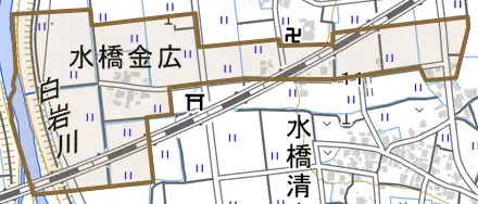 水橋金広とその周辺の地図。町の範囲を重ねている