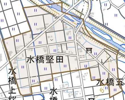 水橋堅田とその周辺の地図。町の範囲を重ねている