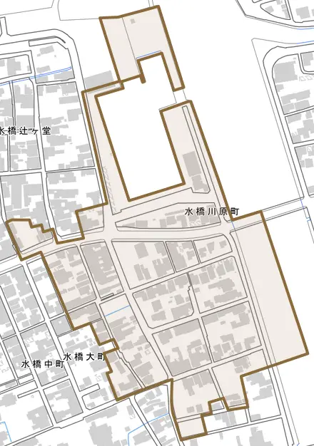 水橋川原町とその周辺の地図。町の範囲を重ねている