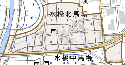 水橋北馬場とその周辺の地図。町の範囲を重ねている