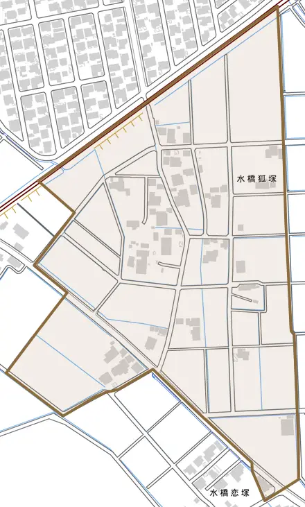 水橋狐塚とその周辺の地図。町の範囲を重ねている