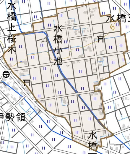 水橋小池とその周辺の地図。町の範囲を重ねている
