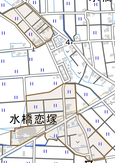 水橋恋塚とその周辺の地図。町の範囲を重ねている