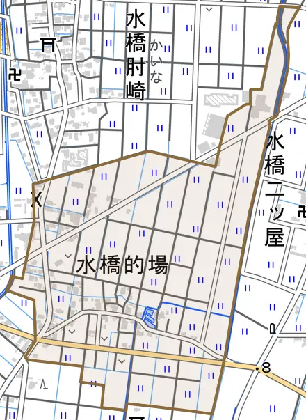 水橋的場とその周辺の地図。町の範囲を重ねている