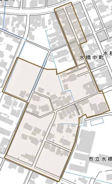 水橋中町とその周辺の地図。町の範囲を重ねている