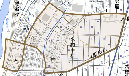 水橋中村とその周辺の地図。町の範囲を重ねている
