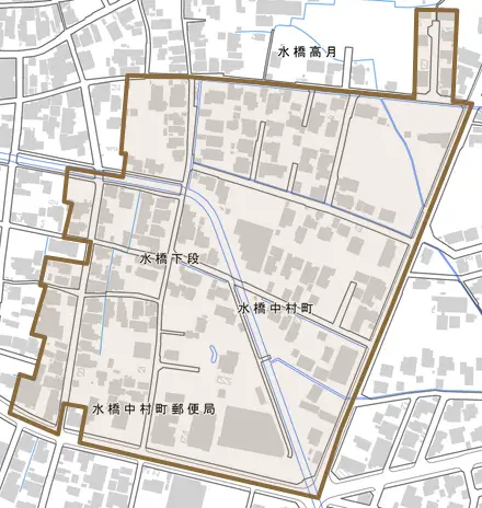 水橋中村町とその周辺の地図。町の範囲を重ねている