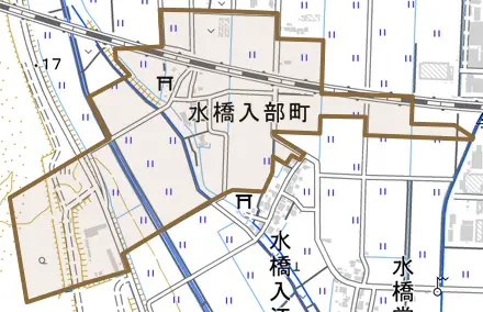 水橋入部町とその周辺の地図。町の範囲を重ねている