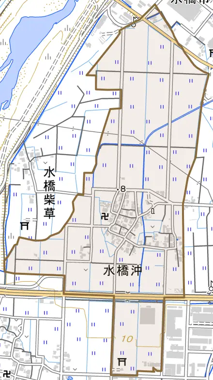 水橋沖とその周辺の地図。町の範囲を重ねている