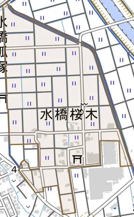 水橋桜木とその周辺の地図。町の範囲を重ねている