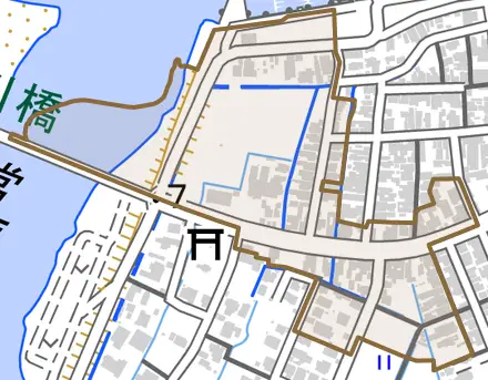 水橋山王町とその周辺の地図。町の範囲を重ねている