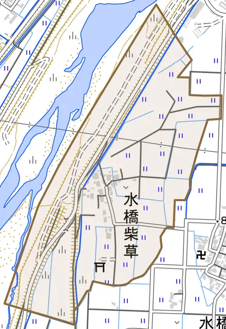 水橋柴草とその周辺の地図。町の範囲を重ねている