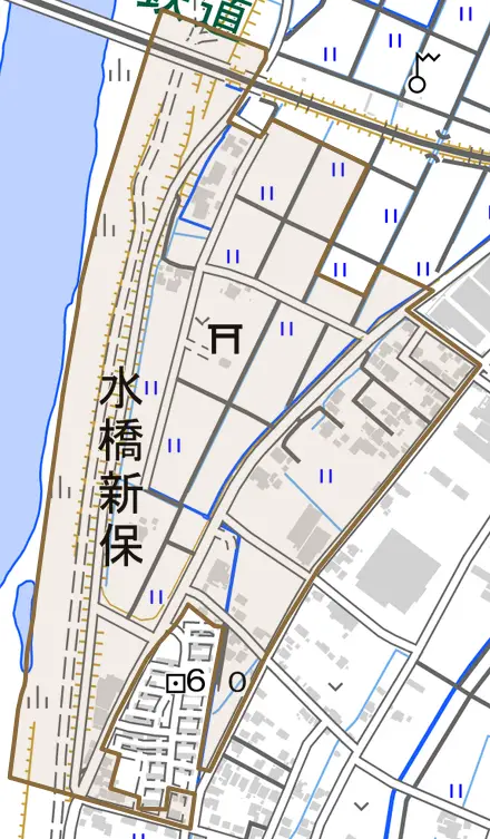 水橋新保とその周辺の地図。町の範囲を重ねている