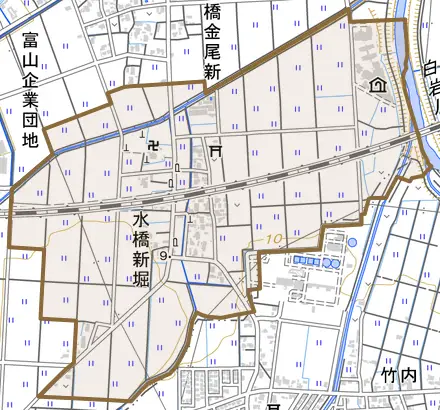 水橋新堀とその周辺の地図。町の範囲を重ねている