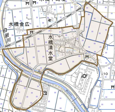 水橋清水堂とその周辺の地図。町の範囲を重ねている