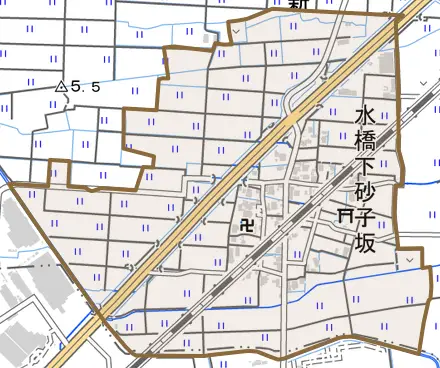 水橋下砂子坂とその周辺の地図。町の範囲を重ねている