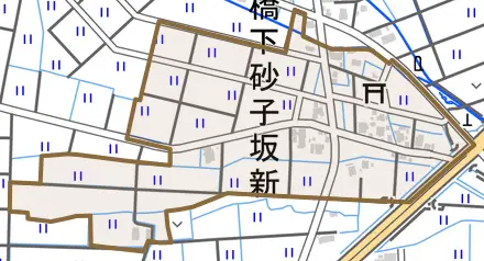 水橋下砂子坂新とその周辺の地図。町の範囲を重ねている