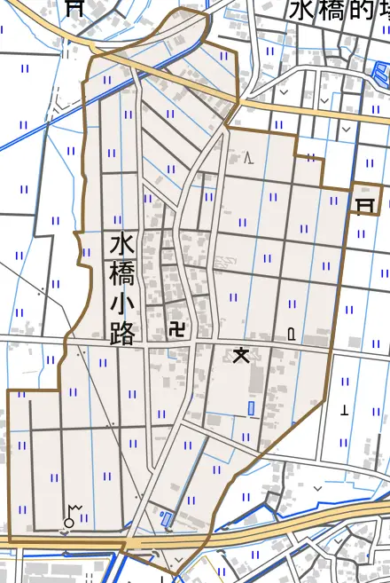 水橋小路とその周辺の地図。町の範囲を重ねている