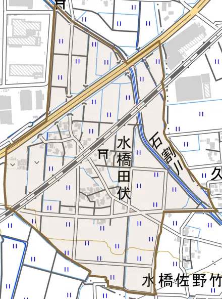 水橋田伏とその周辺の地図。町の範囲を重ねている