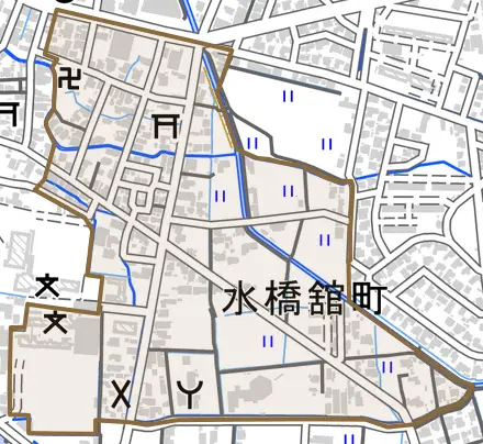 水橋舘町とその周辺の地図。町の範囲を重ねている